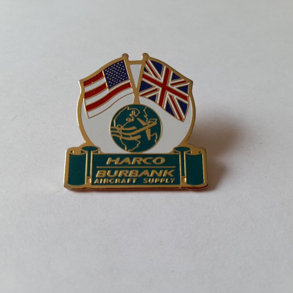 Vintage Lapel Pin Harco Burbank Aircraft Supply Aviation Collectible USA UK Flag
